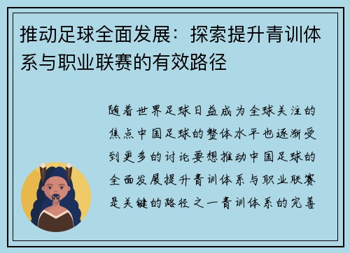 推动足球全面发展：探索提升青训体系与职业联赛的有效路径
