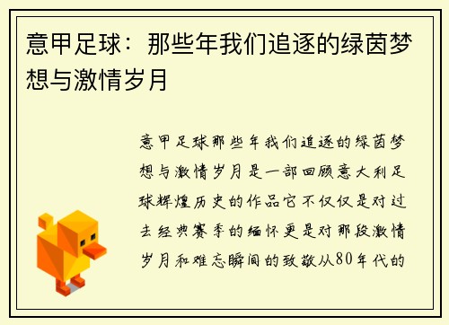 意甲足球：那些年我们追逐的绿茵梦想与激情岁月