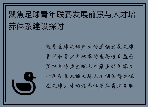 聚焦足球青年联赛发展前景与人才培养体系建设探讨
