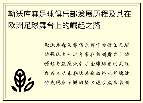 勒沃库森足球俱乐部发展历程及其在欧洲足球舞台上的崛起之路