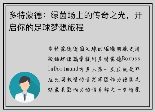 多特蒙德：绿茵场上的传奇之光，开启你的足球梦想旅程