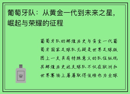 葡萄牙队：从黄金一代到未来之星，崛起与荣耀的征程