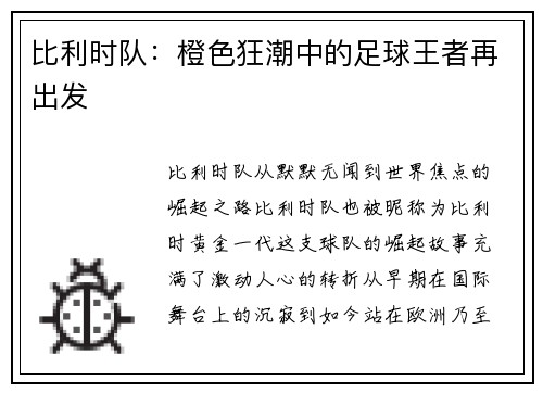 比利时队：橙色狂潮中的足球王者再出发